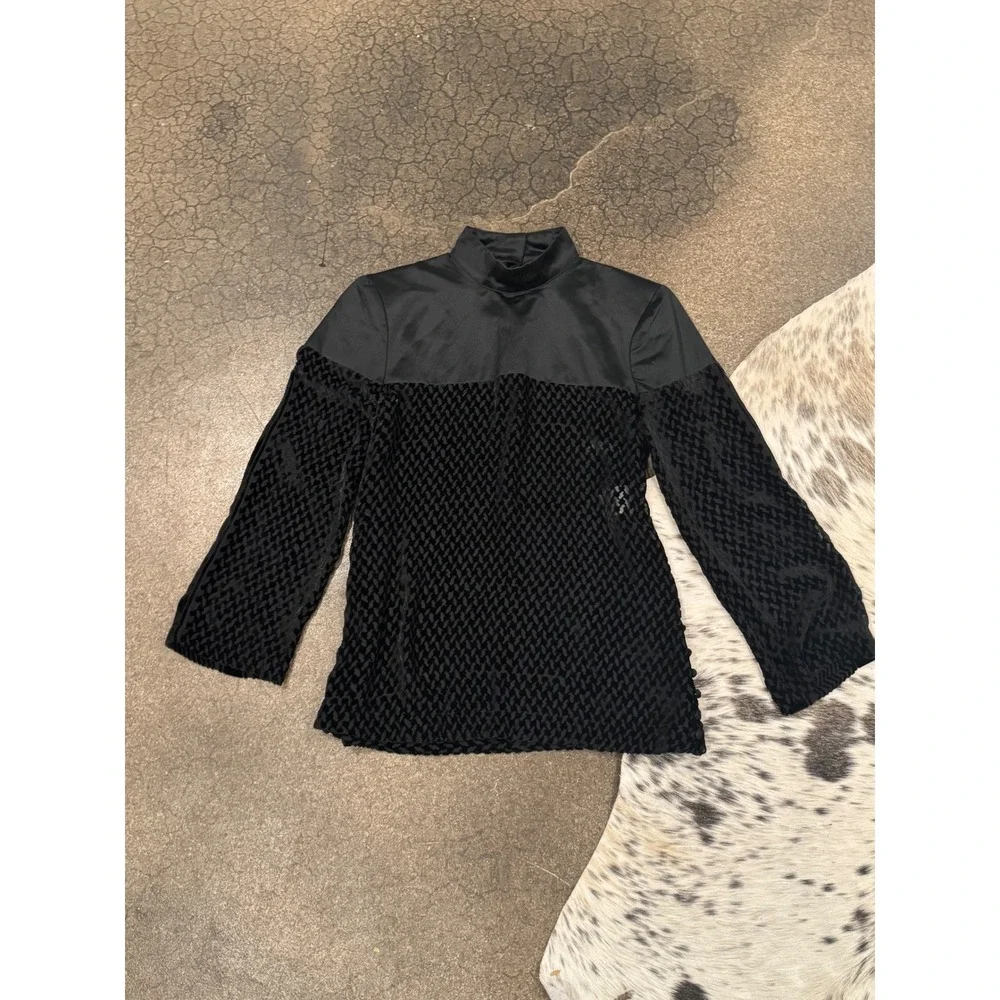 Cecilie Copenhagen Black Velvet Textured Top Mock Neck Long Sleeve Blouse - Picture 2 of 10